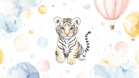 Baby tiger wallpaper design file showing full pattern with watercolor hot air balloons and cute tiger cub