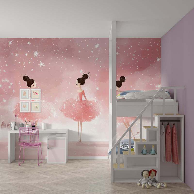 Ballerina wallpaper in bright girl's bedroom showing pink dancers gracefully floating against rose sky