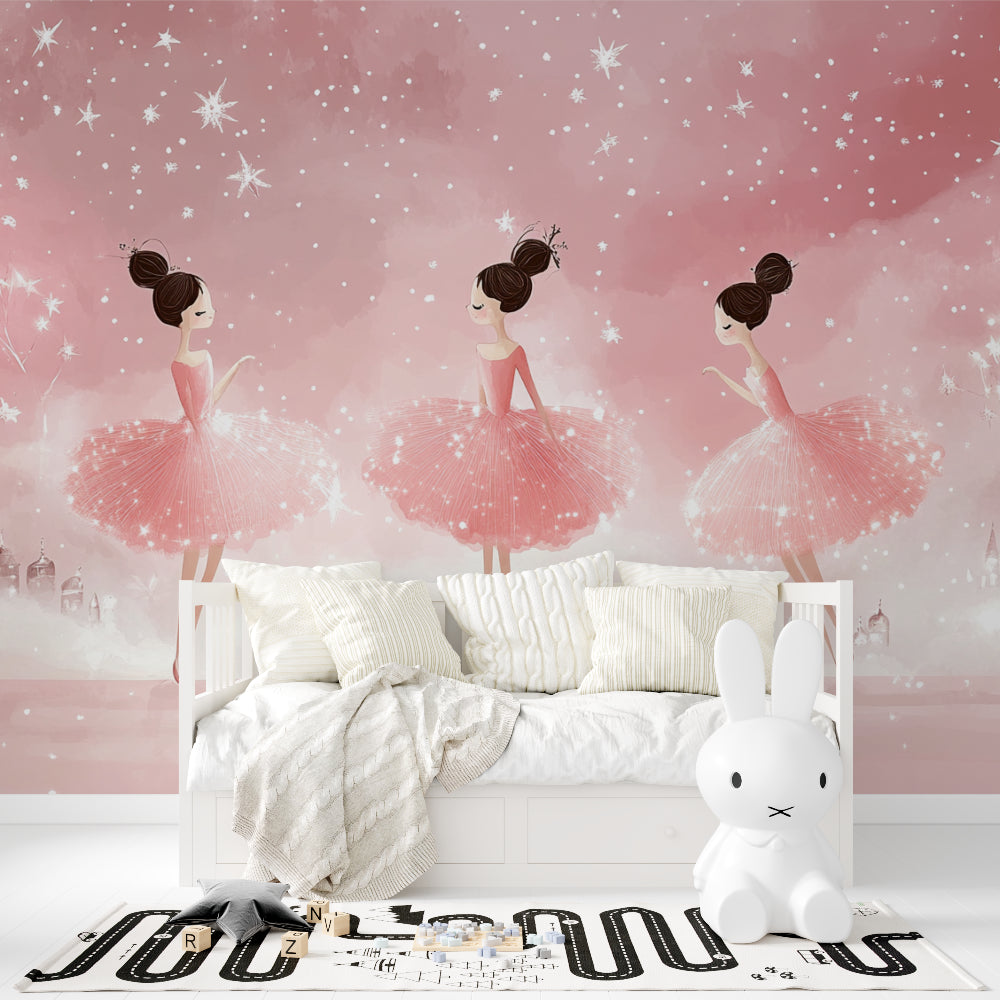 Dancing ballerina wallpaper installed in nursery with white furniture