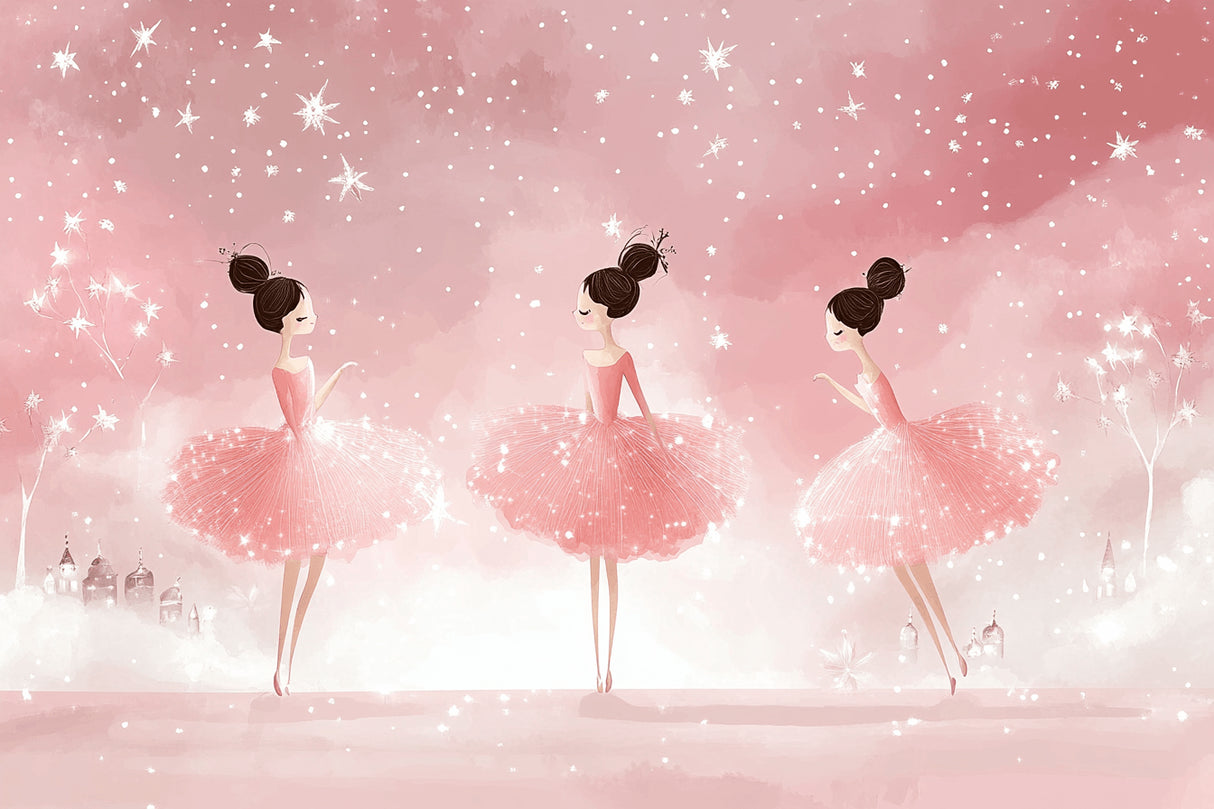 Design file showing delicate ballet dancers pattern with twinkling stars on soft pink background