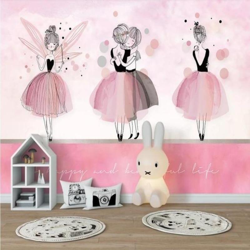 Ballet wallpaper in a bright girl's bedroom with pink accents, showing three graceful dancers against soft lighting