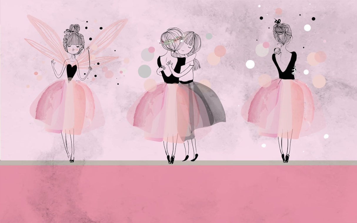 Ballet dancers wallpaper design file showing detailed fairy tale pattern with pink watercolor effects