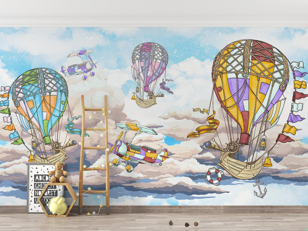 Hot Air Balloon Mural Wallpaper | Adventure Sky with Vintage Aircraft