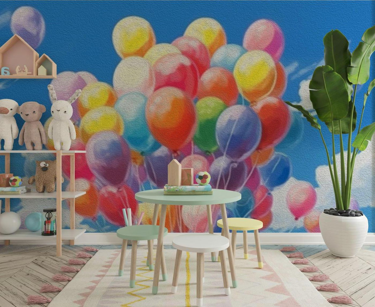 Nursery with balloon wall mural creating peaceful atmosphere with soft colors