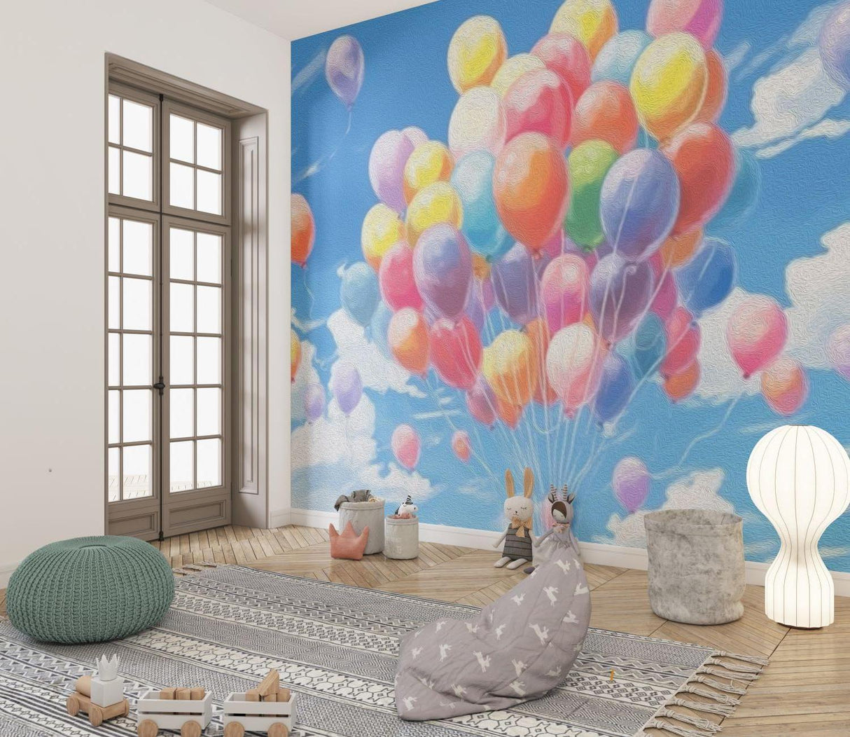 Playroom featuring hot air balloon wallpaper showing depth and movement