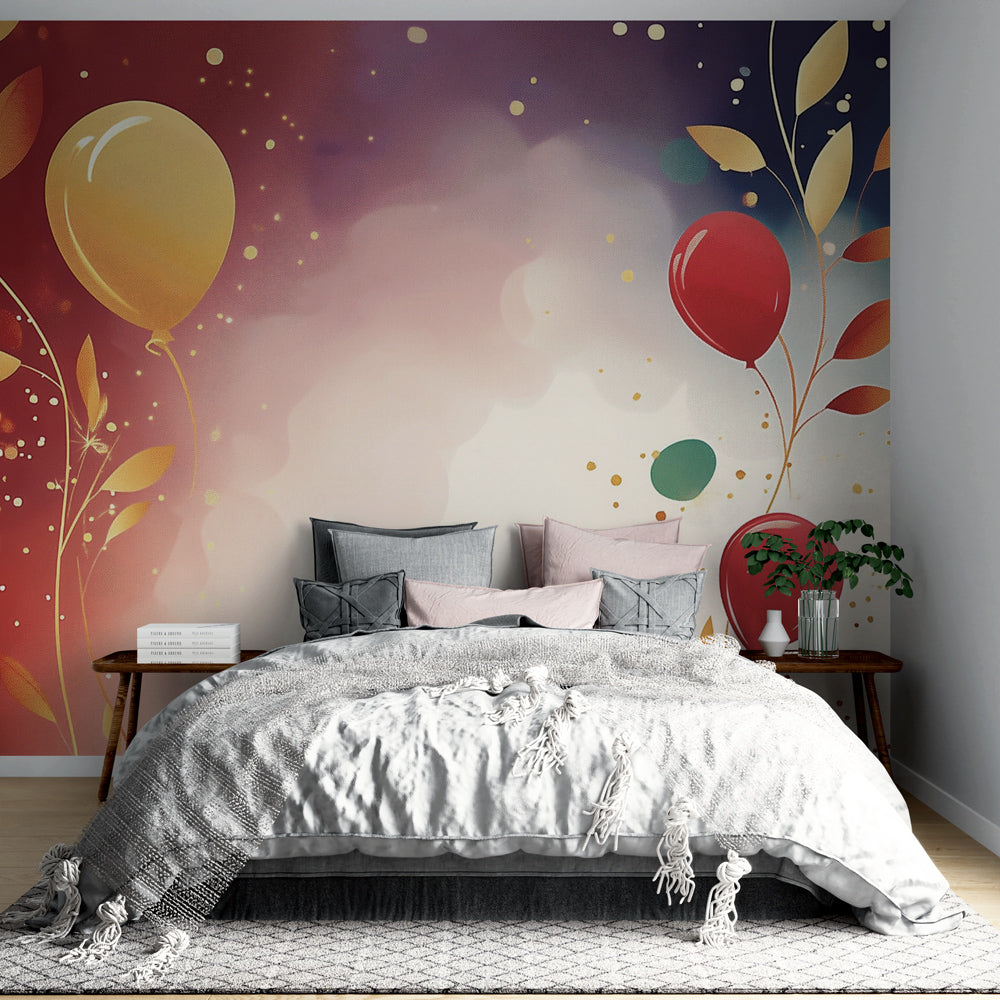 Balloon wallpaper mural creating a festive atmosphere in a modern dining room with gold and red accents