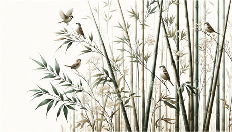 Asian garden birds and bamboo wallpaper design file showing intricate botanical pattern and delicate sparrows