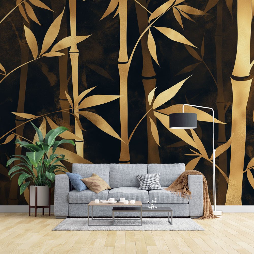Black and gold bamboo wallpaper creating a luxurious atmosphere in a modern dining room with ambient lighting