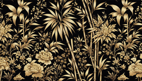 Oriental bamboo and peony design file with intricate gold details on black background