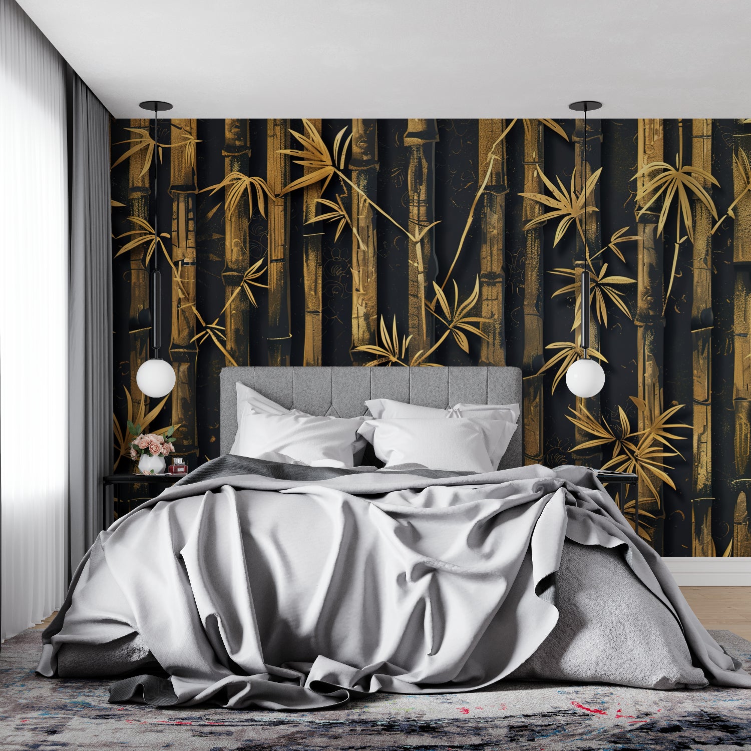 Bamboo wall mural transforming an entry hallway with striking vertical lines