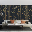 Black and gold bamboo wallpaper creating dramatic impact in modern dining room with pendant lighting