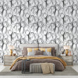 Black and white bamboo wallpaper creating a zen atmosphere in a modern living room setting