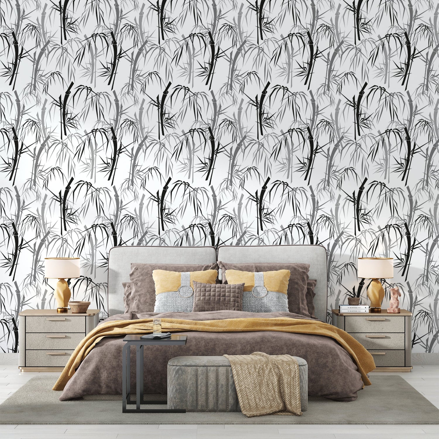 Black and white bamboo wallpaper creating a zen atmosphere in a modern living room setting