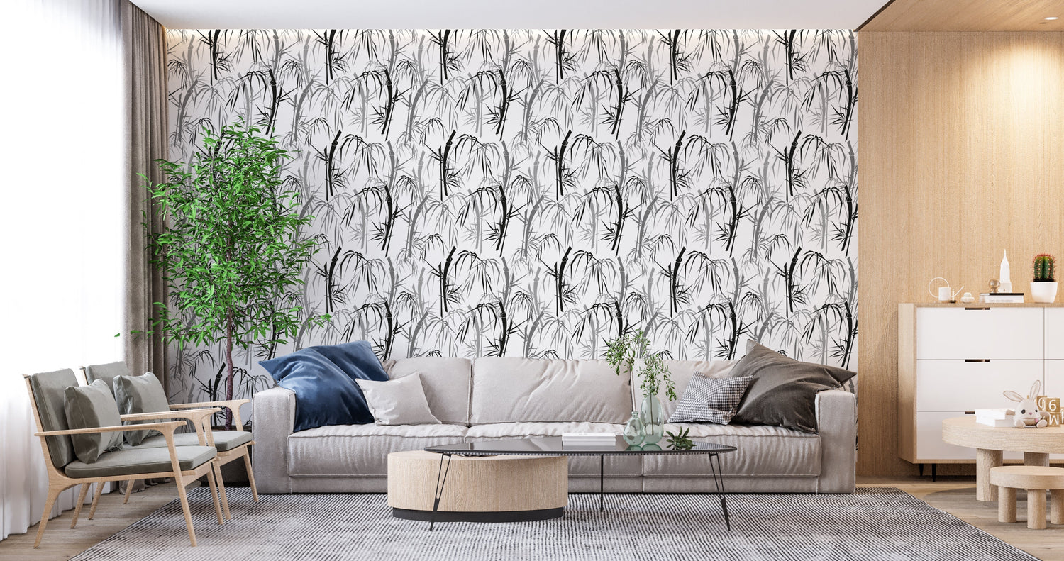 Japanese bamboo wall mural adding elegance to a minimalist bedroom space