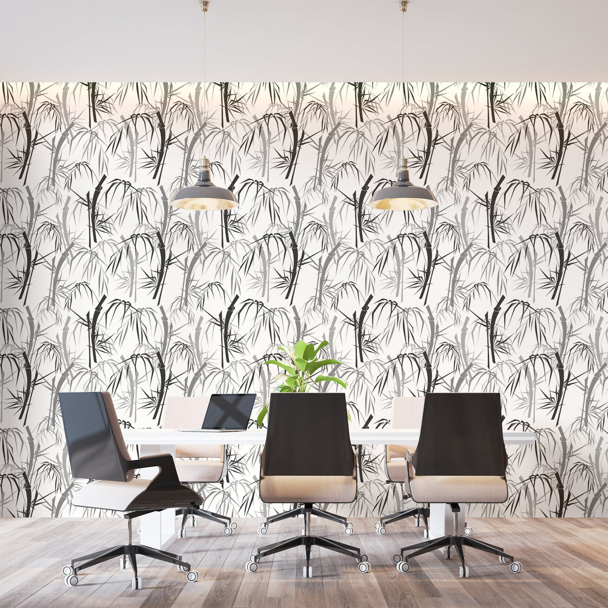Monochrome bamboo pattern wallpaper enhancing a contemporary dining room