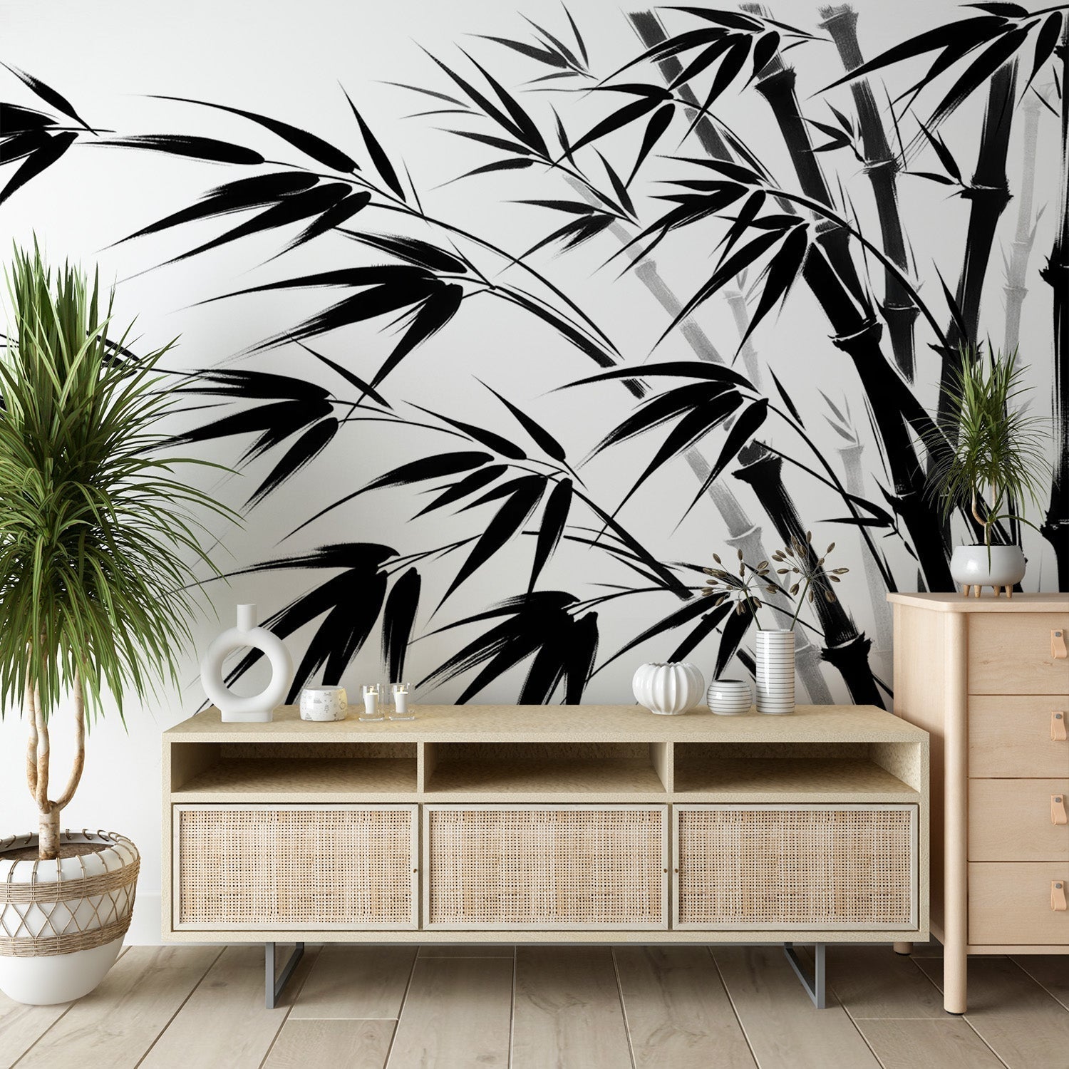 Black and white bamboo wallpaper creating a peaceful zen atmosphere in a modern minimalist living room