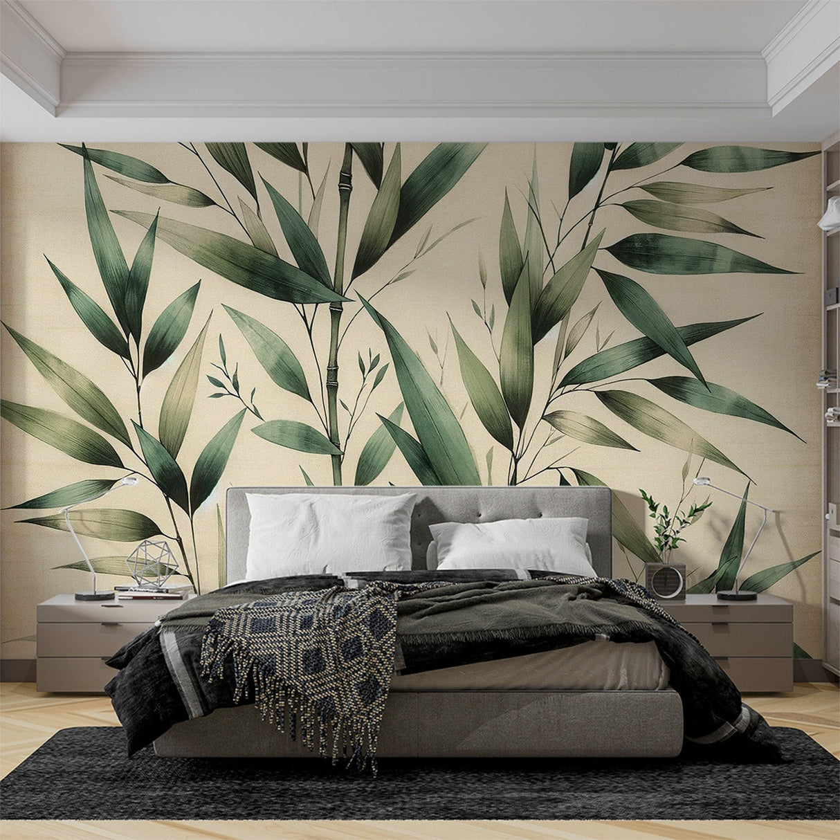 Bamboo leaf wallpaper creating a peaceful atmosphere in a modern living room with natural light and minimal furniture
