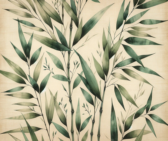 Botanical bamboo wallpaper design file showing detailed green leaves pattern on beige background