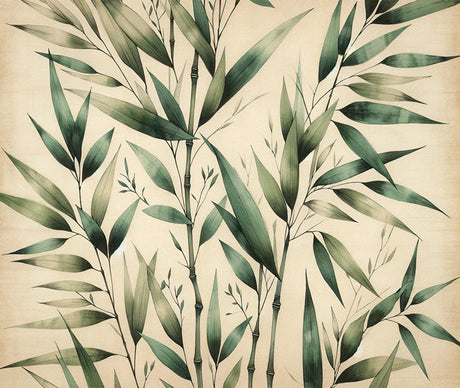 Botanical bamboo wallpaper design file showing detailed green leaves pattern on beige background