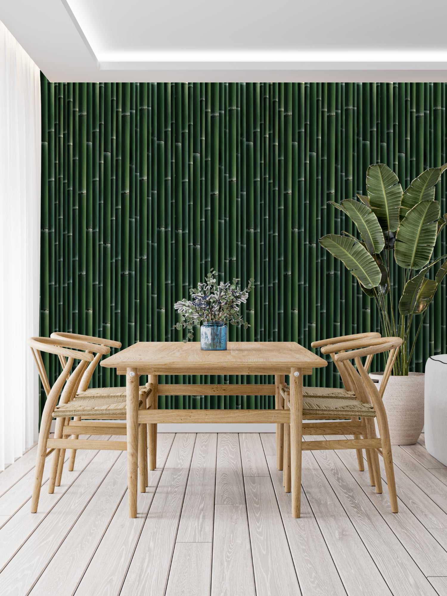 Green bamboo wallpaper adding depth to a minimalist dining space