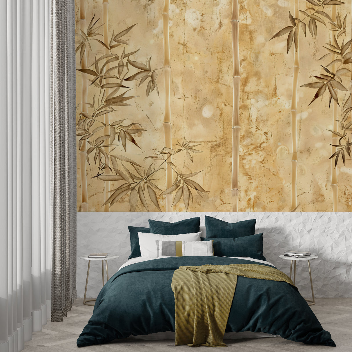 Asian-inspired bamboo wall mural bringing calm to a minimalist bedroom setting