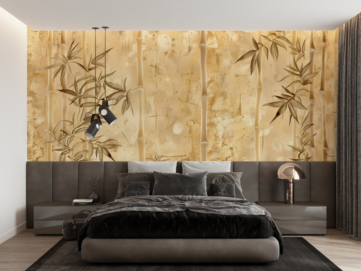 Oriental bamboo wallpaper transforming a home office with its peaceful design
