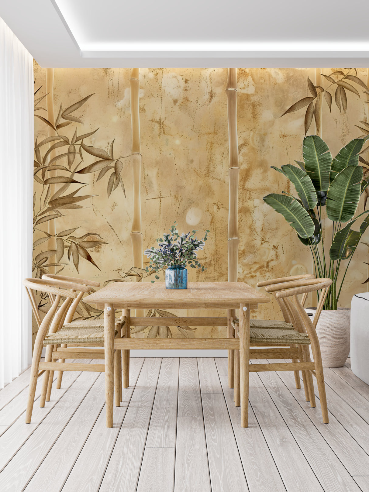 Beige bamboo mural wallpaper making a dining room feel more spacious and zen