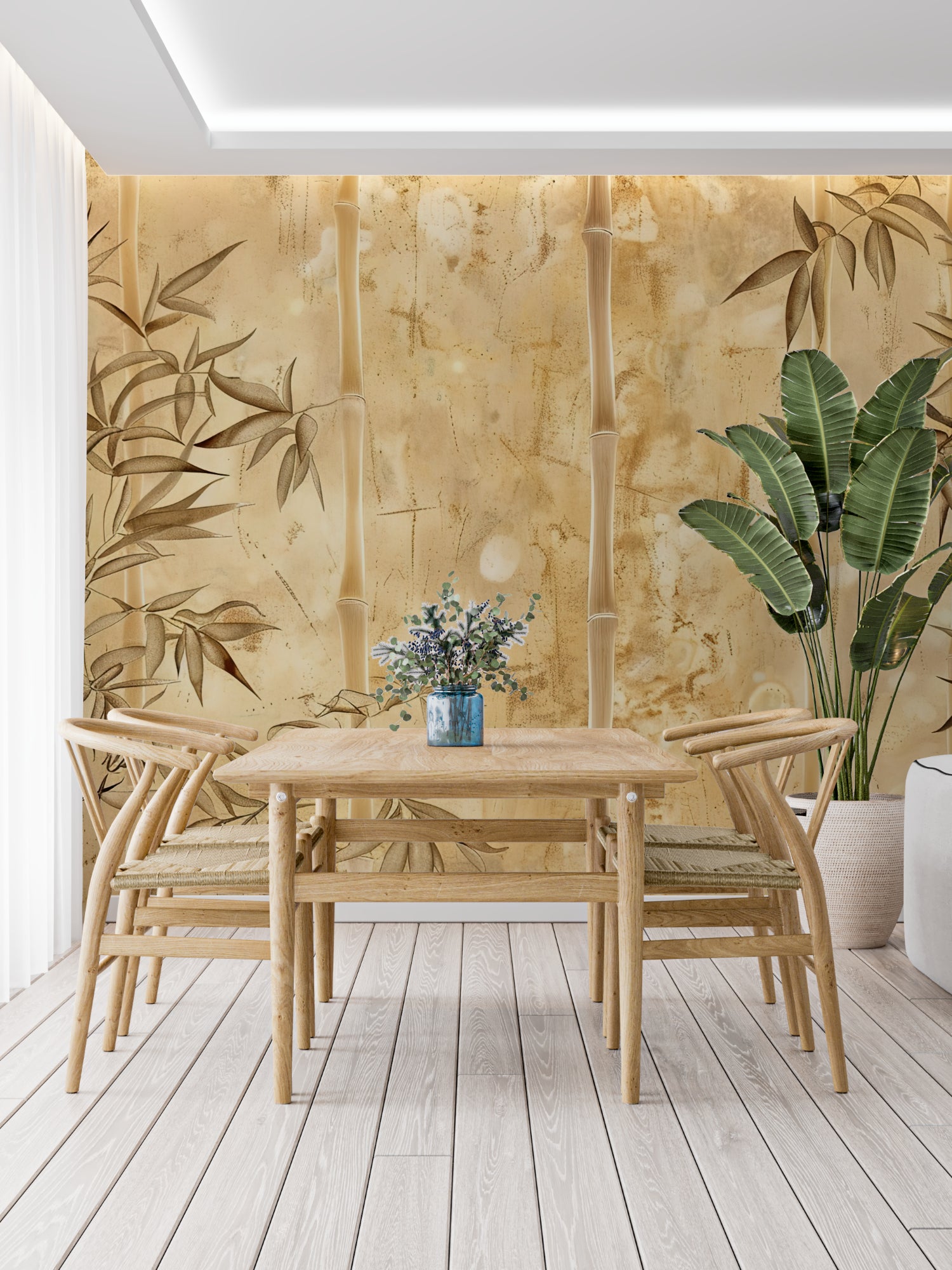 Beige bamboo mural wallpaper making a dining room feel more spacious and zen