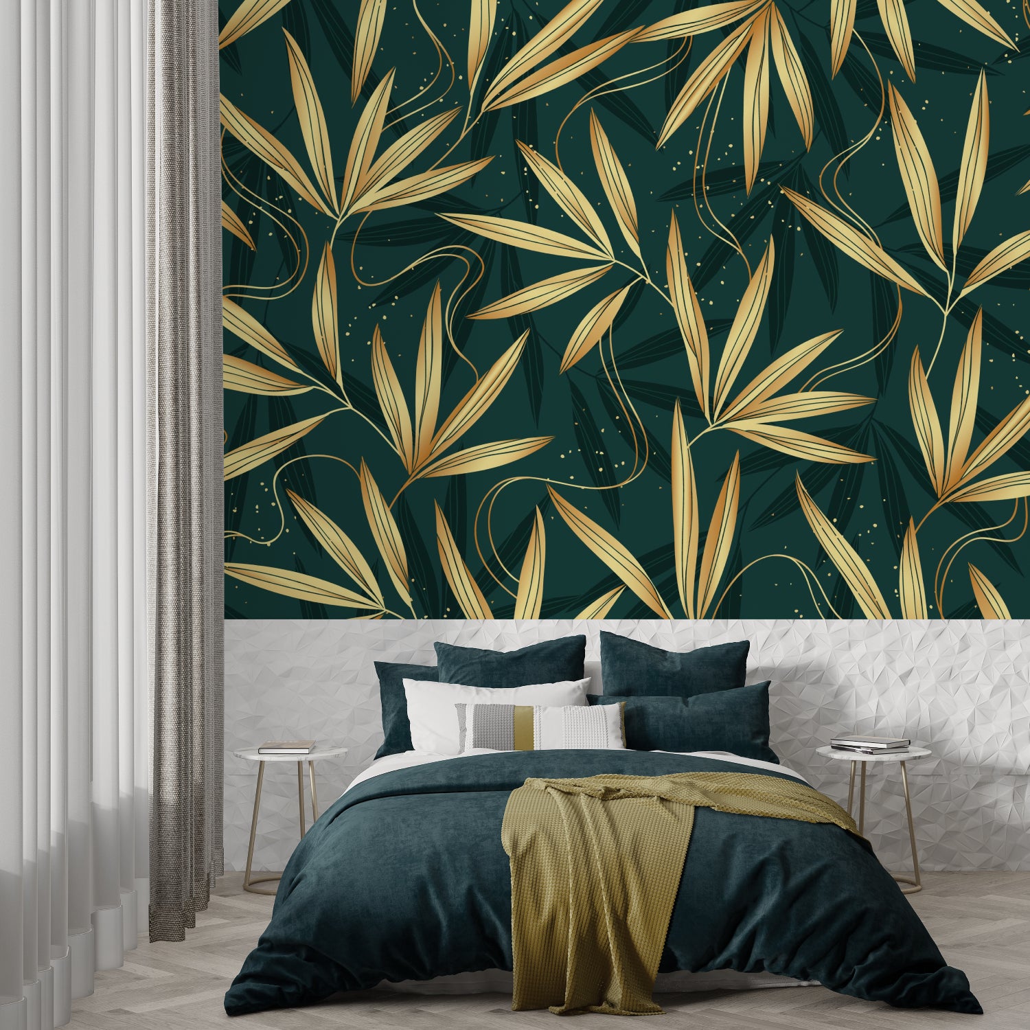 Bamboo wallpaper with gold leaves creating an elegant atmosphere in a modern living room