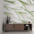 Bamboo leaf wallpaper creating a serene atmosphere in a modern living room with natural light