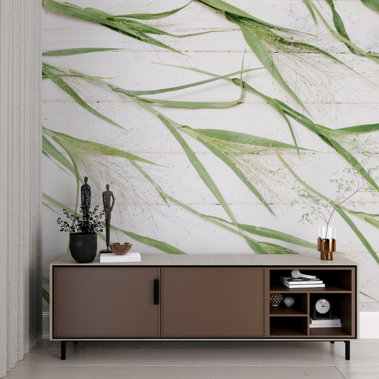 Bamboo leaf wallpaper creating a serene atmosphere in a modern living room with natural light