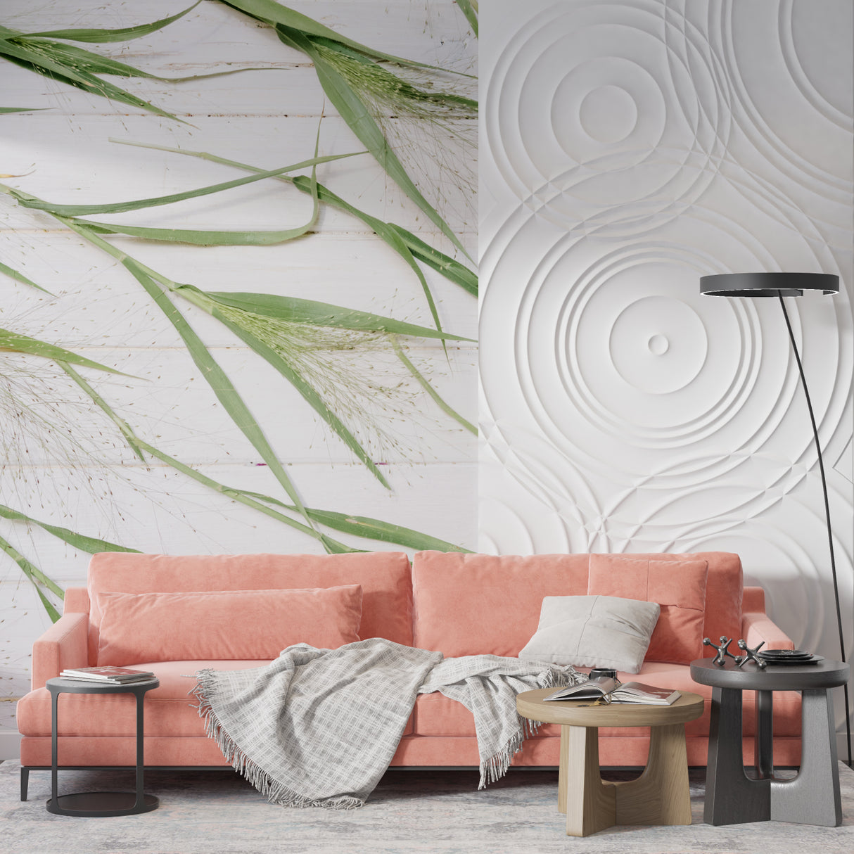 Green bamboo wallpaper adding fresh style to a minimal home office space