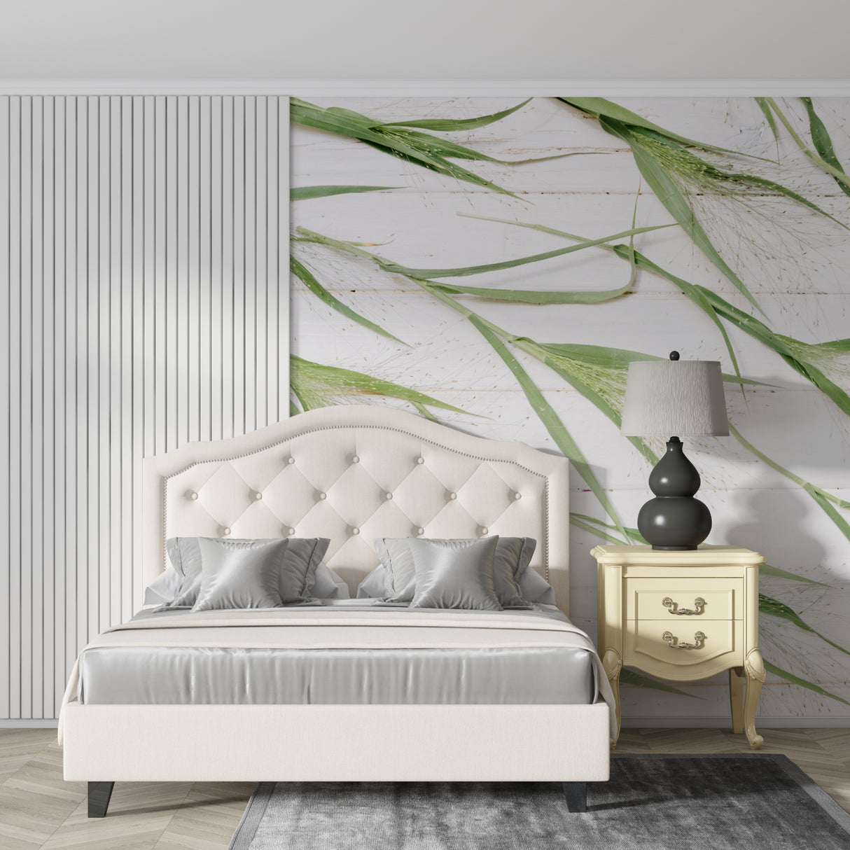 Botanical wall mural bringing nature into a bright dining room setting
