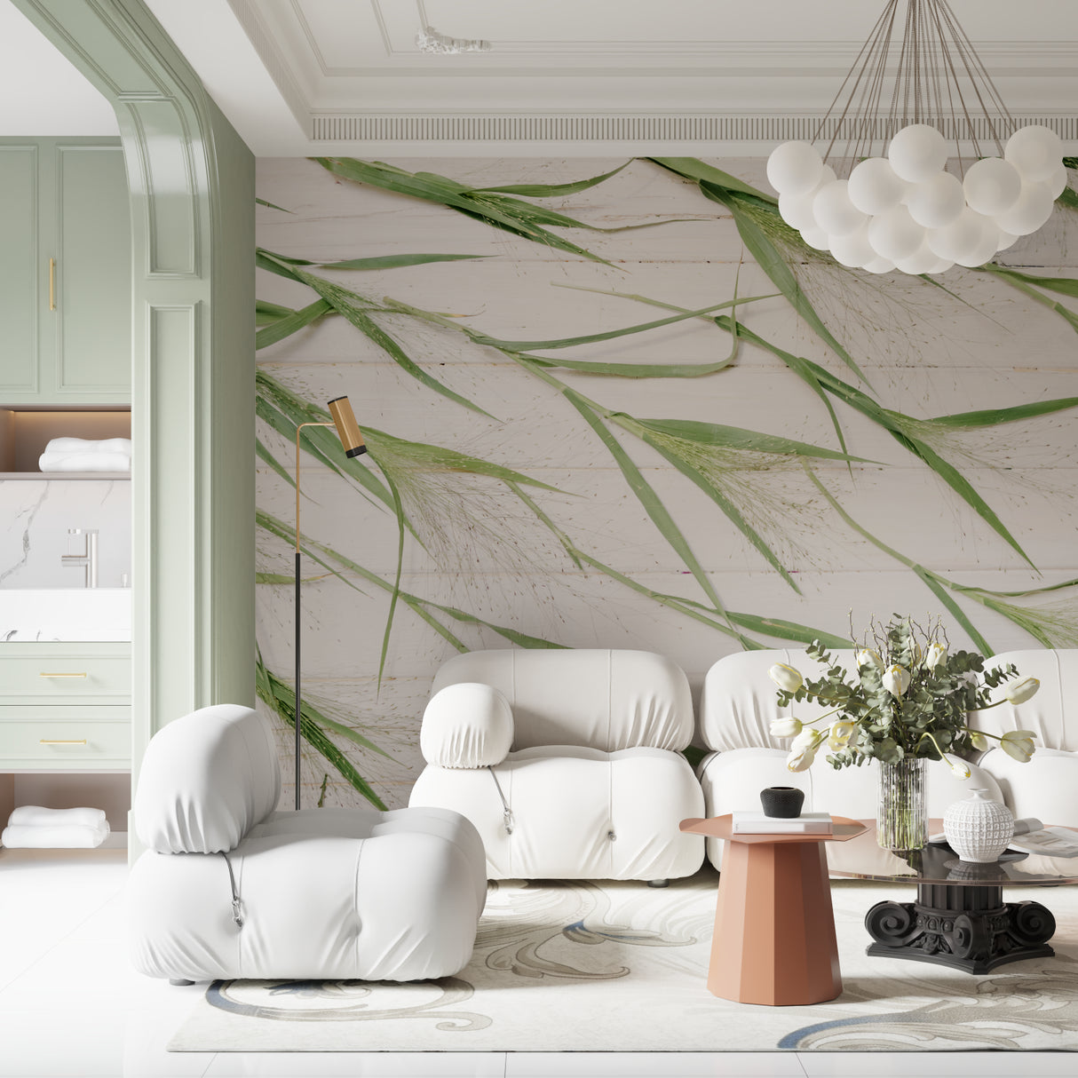 Green bamboo leaves creating calm in a modern bathroom space