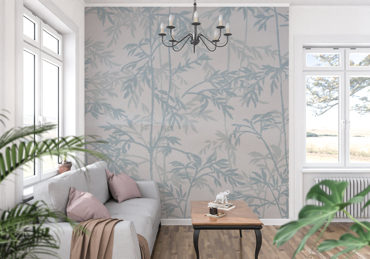Oriental bamboo wallpaper in a minimalist bedroom setting with white bedding