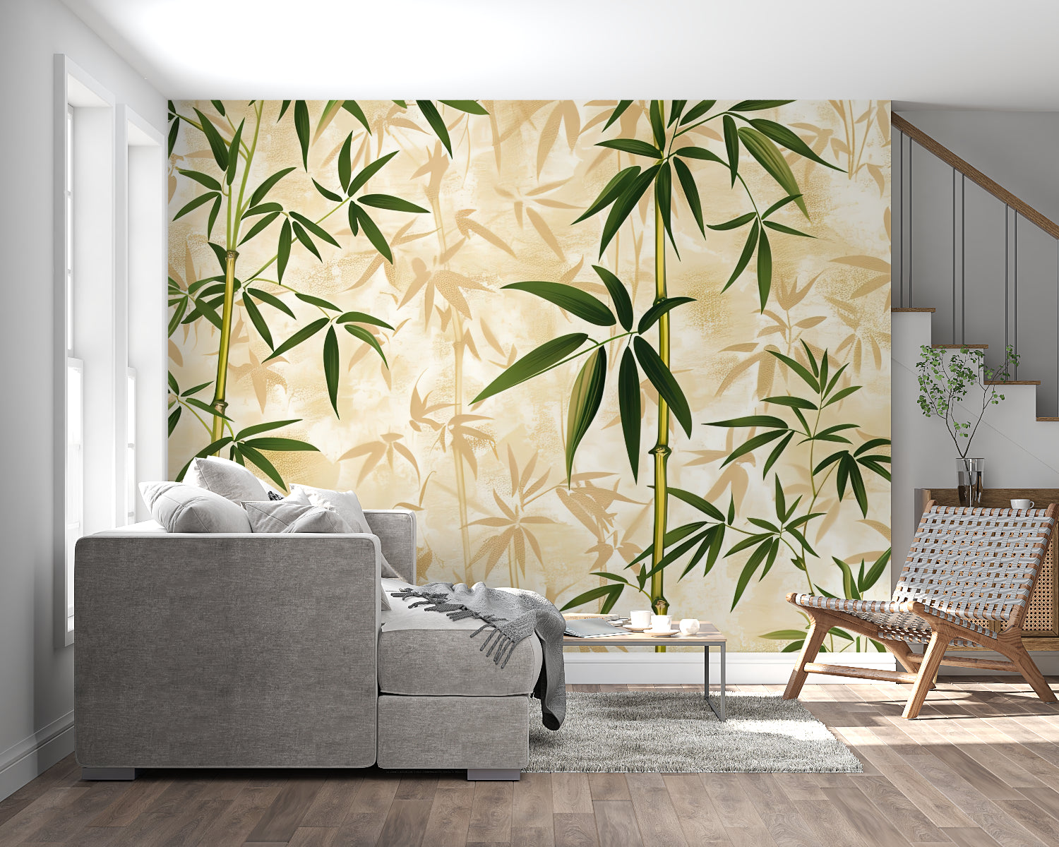 Bamboo leaf wallpaper creating a peaceful atmosphere in a modern living room setting