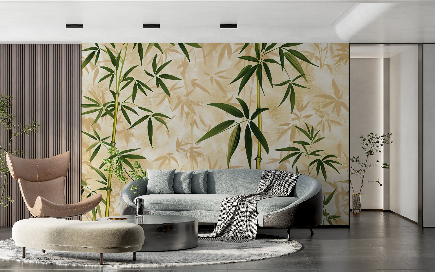 Zen bamboo wall mural bringing calm to a contemporary bedroom space