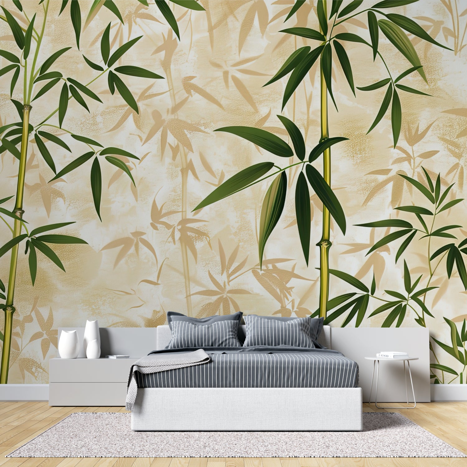 Asian-inspired bamboo pattern wallpaper in a sleek home office setup