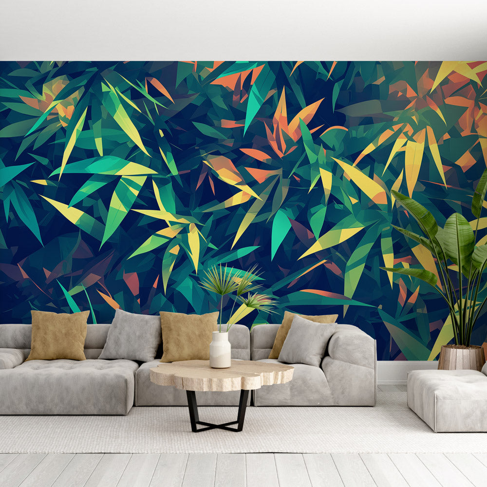 Modern Geometric Bamboo Wallpaper in bright living room with natural light