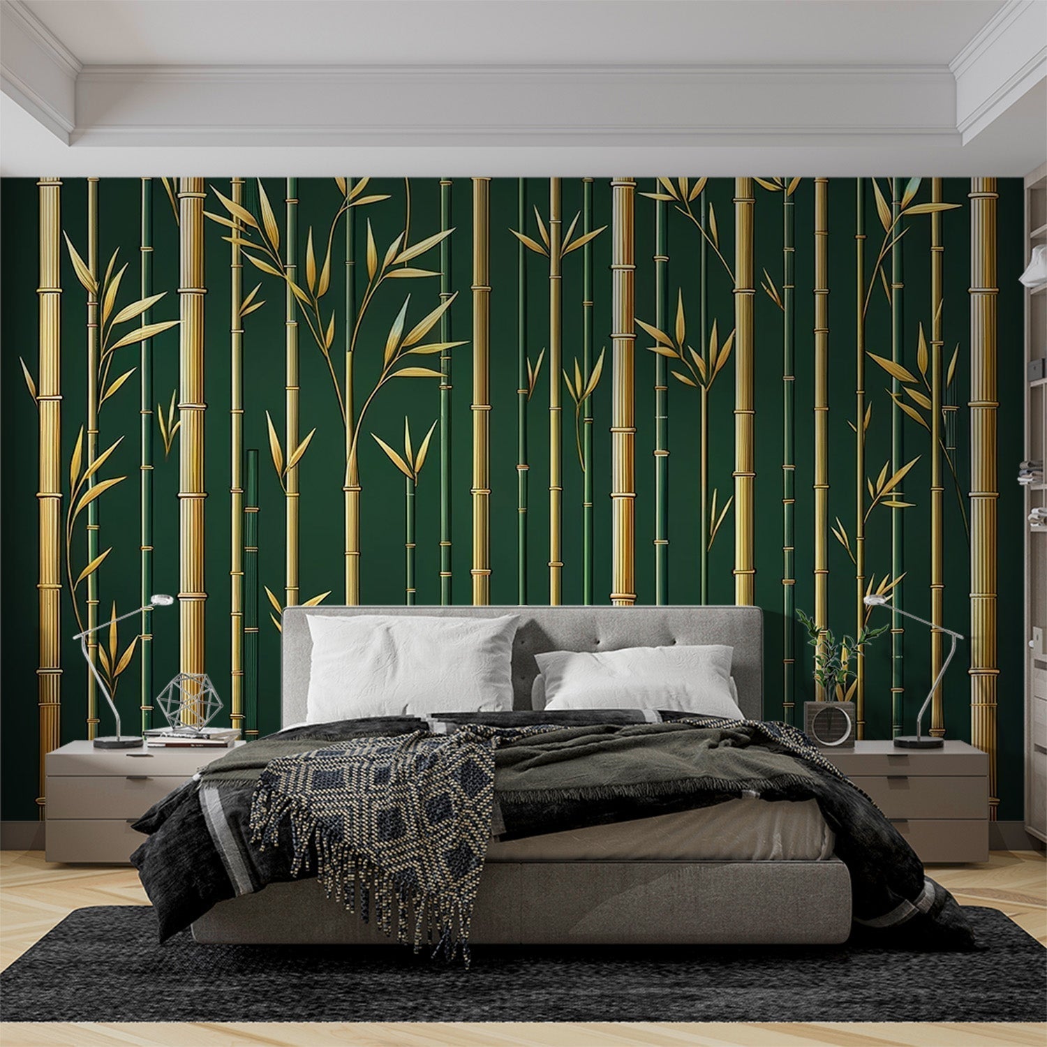 Bamboo forest wallpaper with gold stems creating a calm atmosphere in a modern living room with natural light