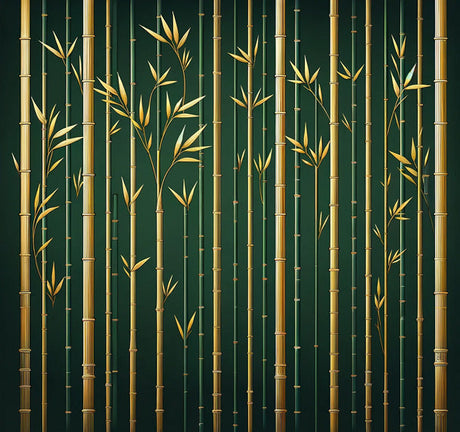 Gold bamboo pattern on emerald green background - design file showing intricate stem details