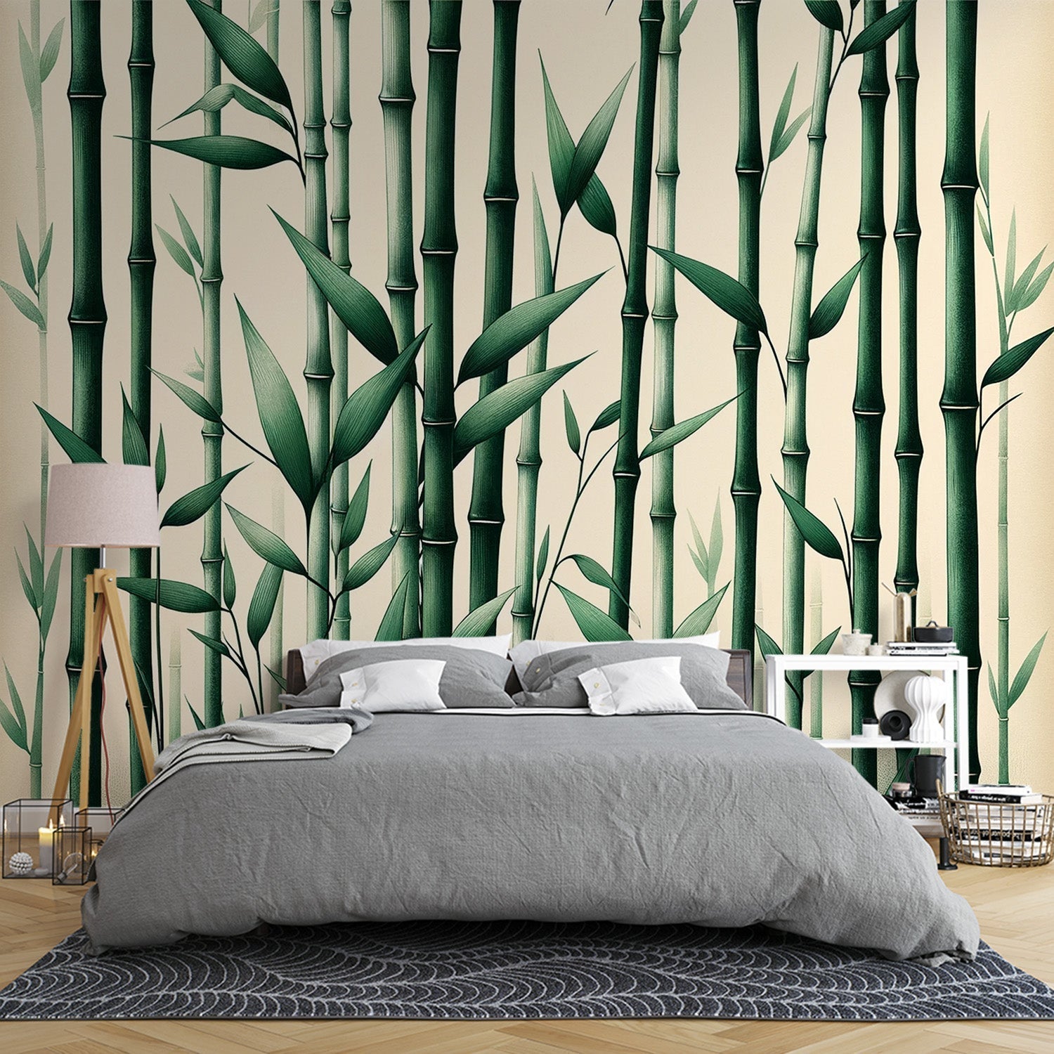 Bamboo forest wallpaper creating a zen atmosphere in a modern living room with natural light and minimalist furniture