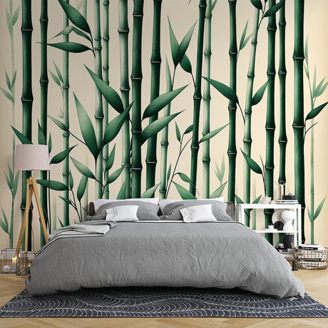 Bamboo forest wallpaper creating a zen atmosphere in a modern living room with natural light and minimalist furniture