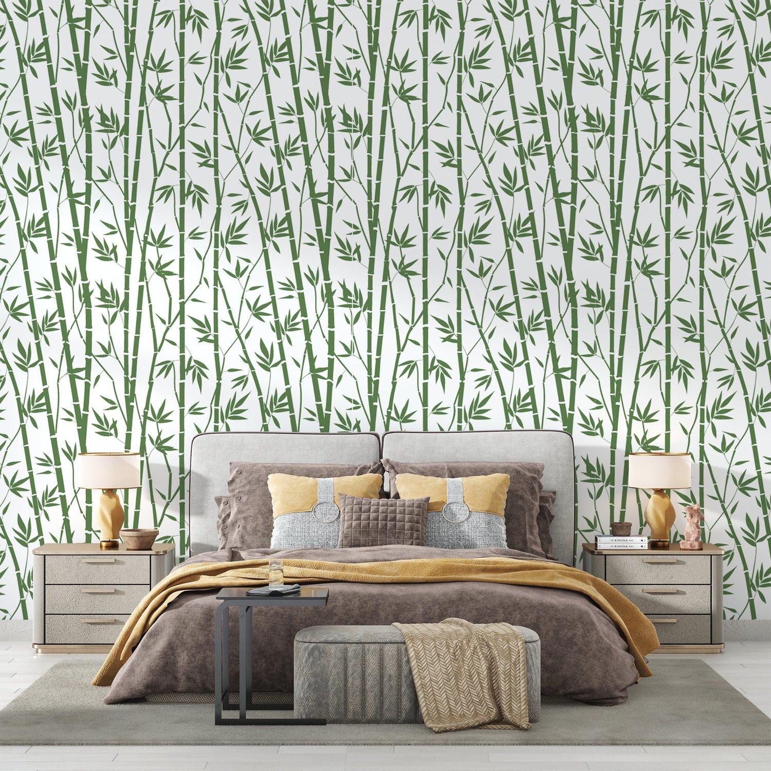 Bamboo wallpaper creating zen atmosphere in modern living room with natural light