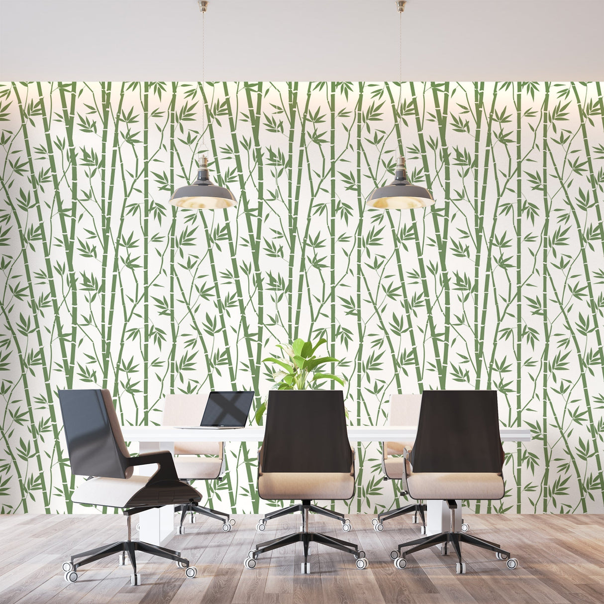 Oriental bamboo pattern wallpaper in peaceful meditation room