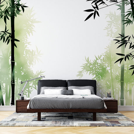 Bamboo forest wallpaper creating a zen atmosphere in a modern living room with minimalist furniture