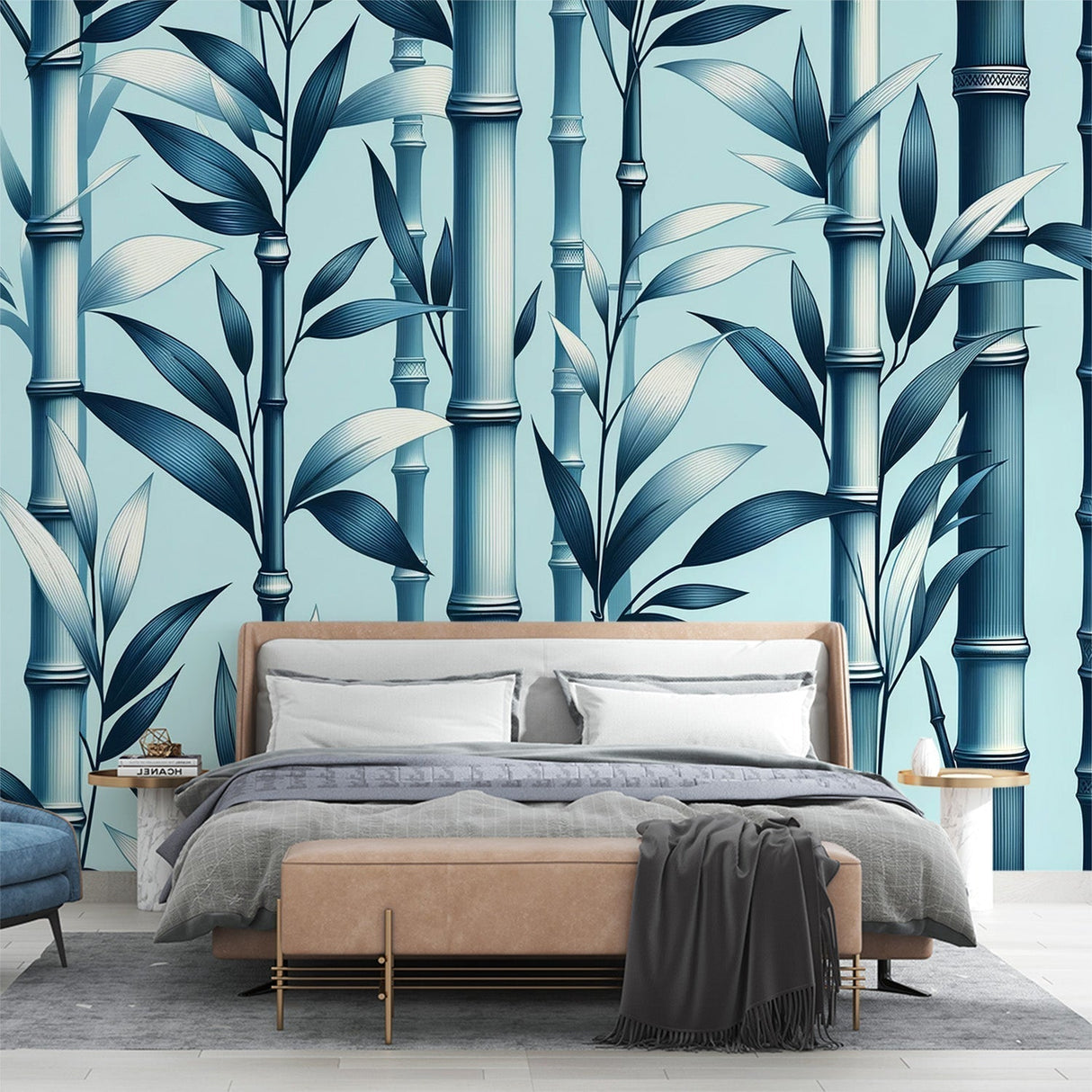 Blue bamboo forest wallpaper creating a peaceful atmosphere in a modern living room with minimal furniture