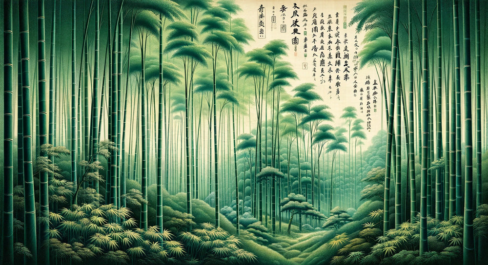 Bamboo forest wallpaper design file showing detailed Japanese calligraphy and emerald bamboo pattern