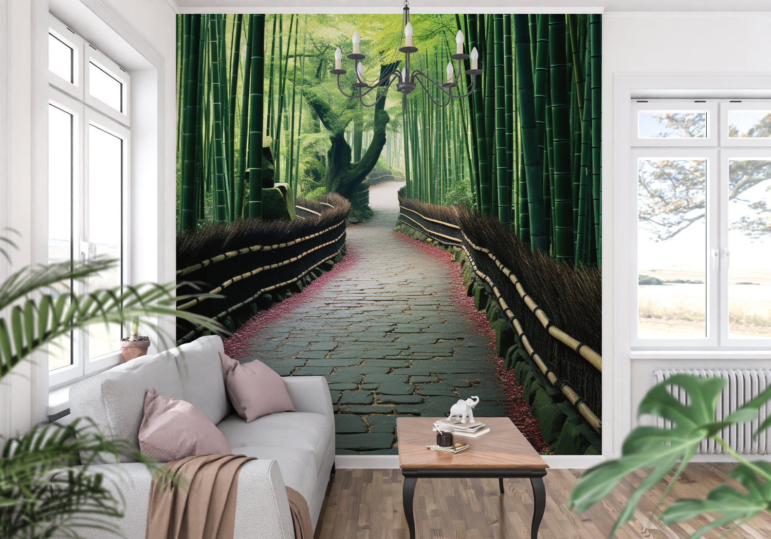 Bamboo forest mural in meditation room with natural light