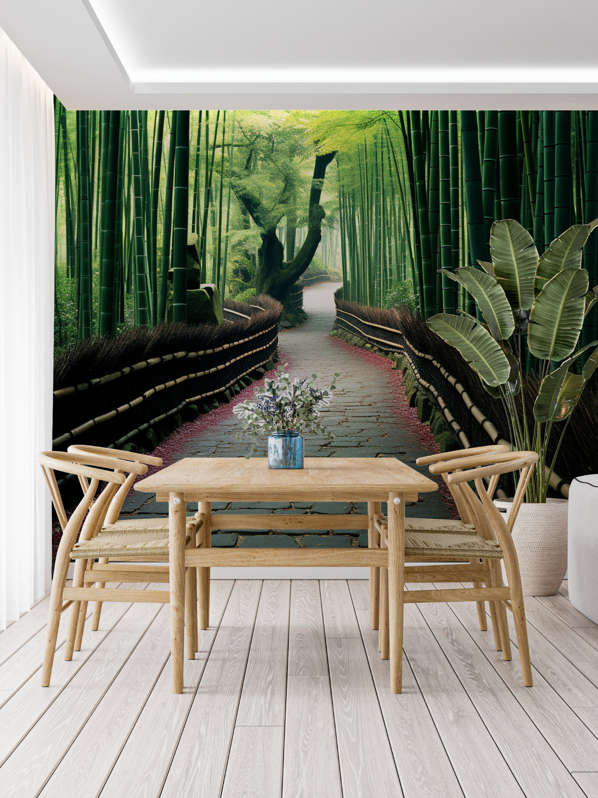 Bamboo path wallpaper in hotel lobby highlighting stone path detail